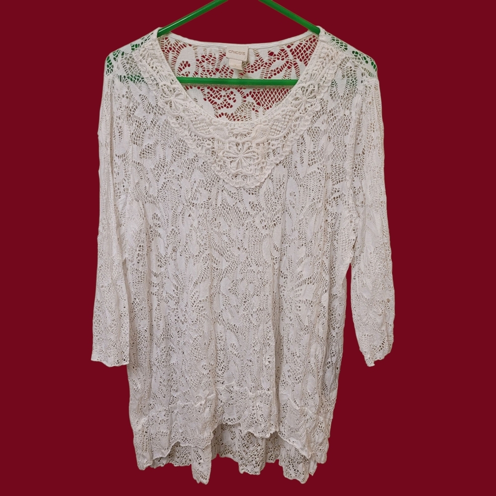 Chico's Women's Top Size 3 or XL White Lace Tunic Sheer Hi-Lo EUC